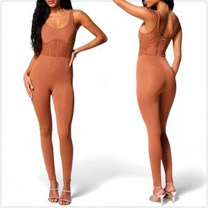 Bebe Gingerbread Mesh Detail Catsuit Jumpsuit Stretch Knit Bodycon NWT NEW XS